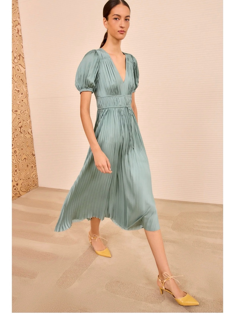 Ulla Johnson Sea Glass Green Pleated V-Neck Midi Dress